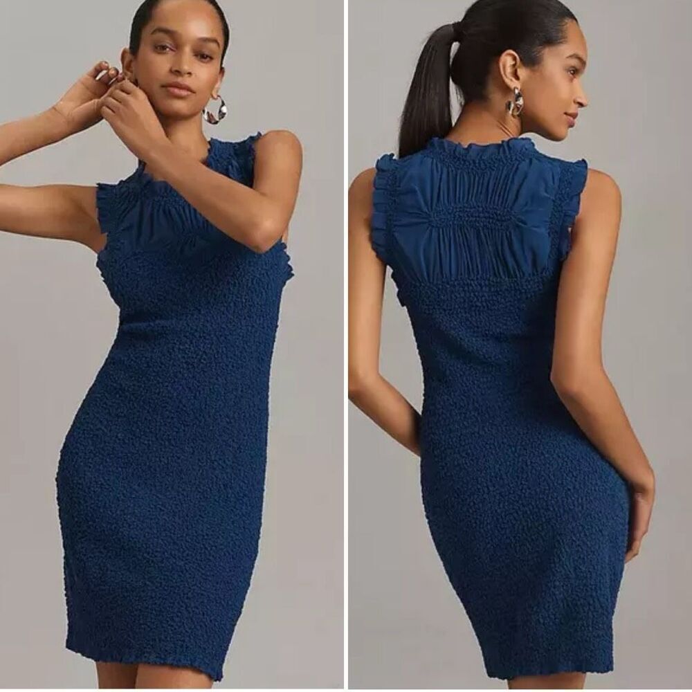 By Anthropologie Mock-Neck Textured Dress Smocked Ruched Ruffle Cobalt Blue Mini